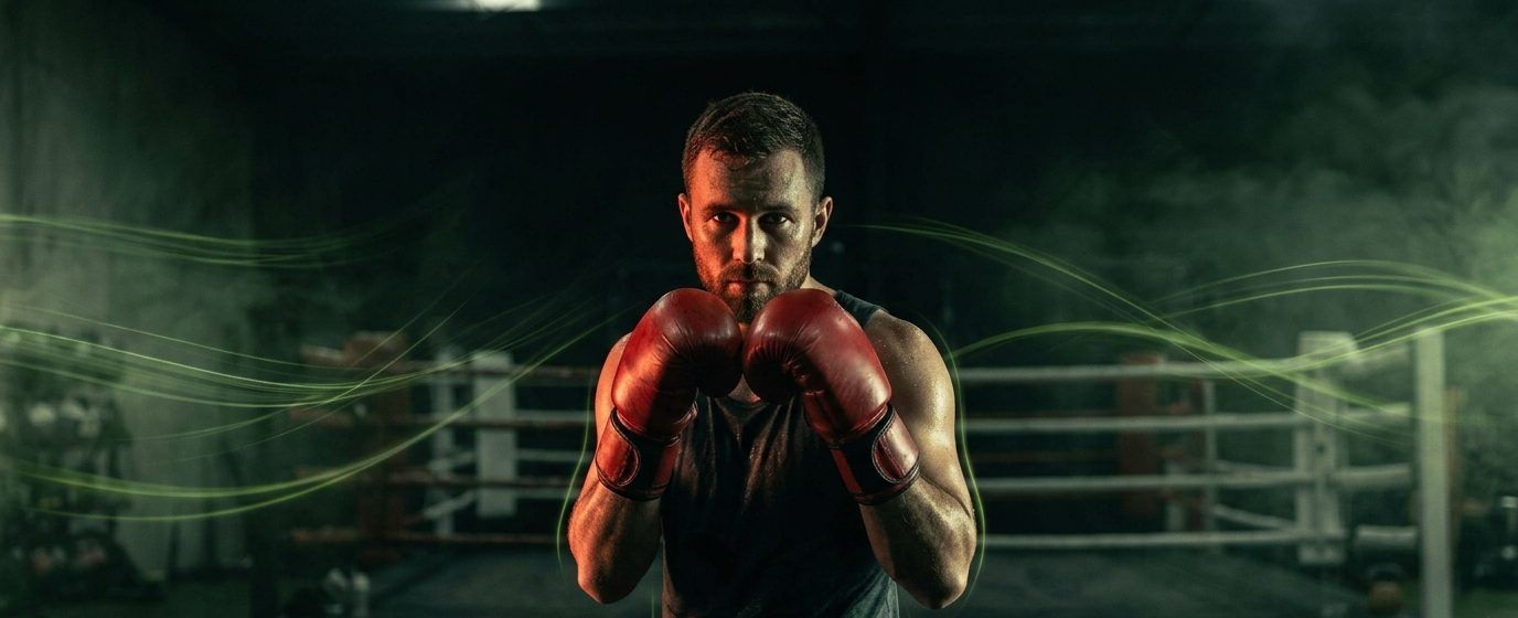 Boxer în gardă, cu mănuși roșii