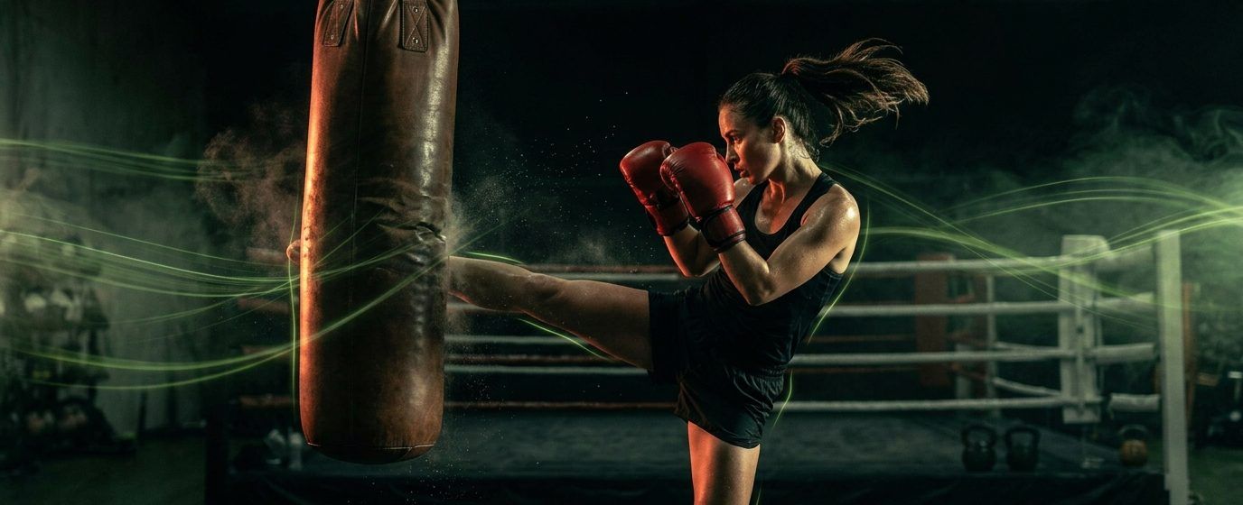 Kickboxeriță executând o lovitură circulară la sac